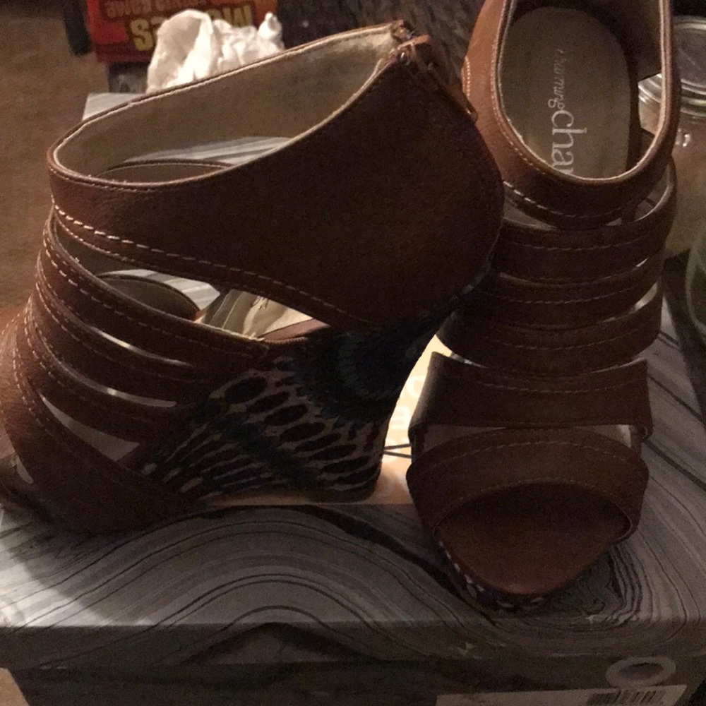 Open toe high heeled platform wedge